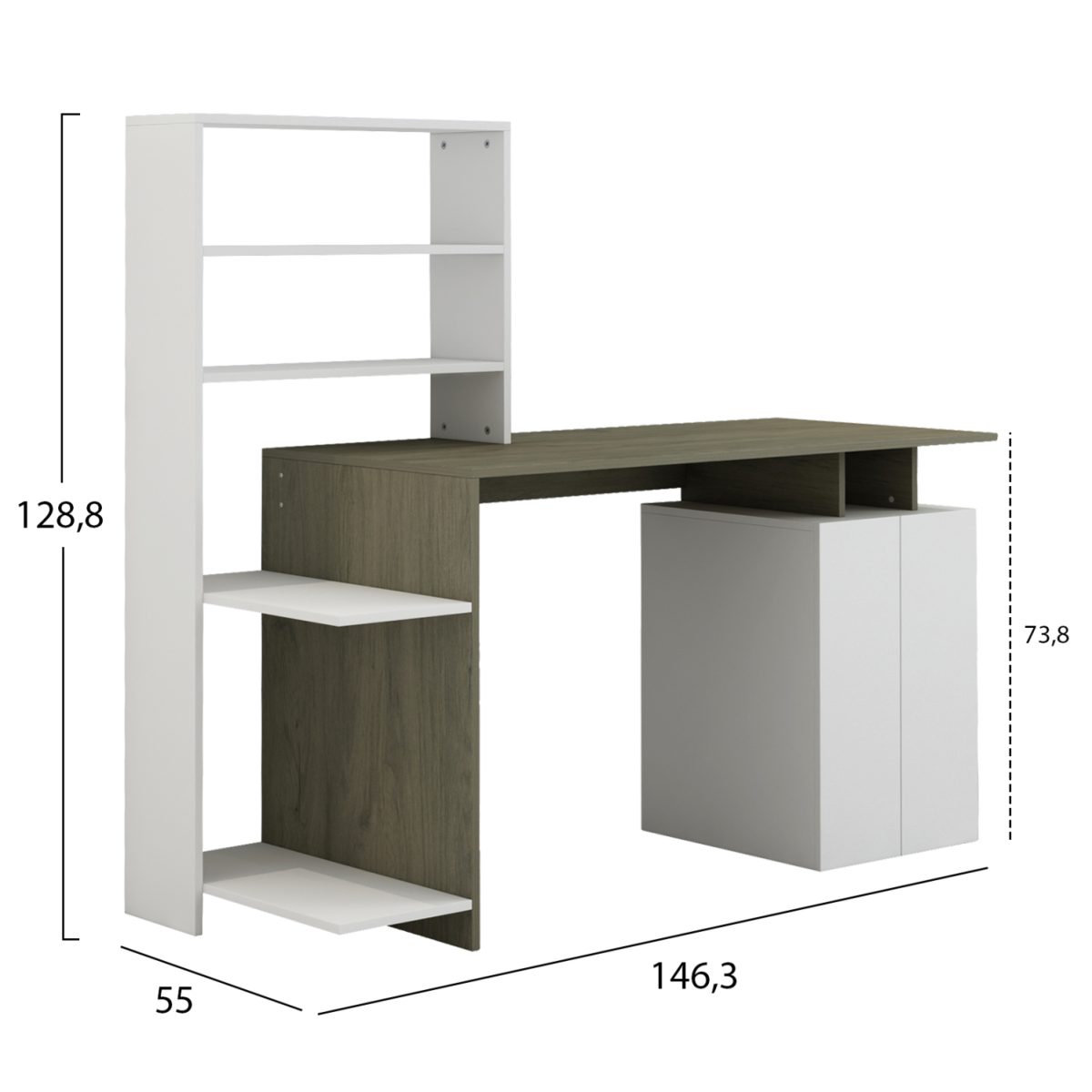 ΓΡΑΦΕΙΟ ΜΕ ΒΙΒΛΙΟΘΗΚΗ ROCHELL ΜΕΛΑΜΙΝΗ OLIVE GREY ΛΕΥΚΟ 146,3x55x128,8Υεκ.HM8886.11 2