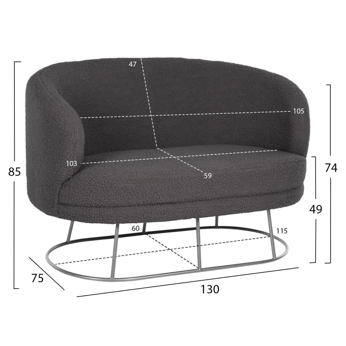 kanapes-2thesios-fb9849221-gkri-mpoykle-1 ΚΑΝΑΠΕΣ 2ΘΕΣΙΟΣ ARIEN HM8492.21 ΓΚΡΙ ΜΠΟΥΚΛΕ ΜΕ ΑΣΗΜΙ ΒΑΣΗ 130X75X85Yεκ. 2